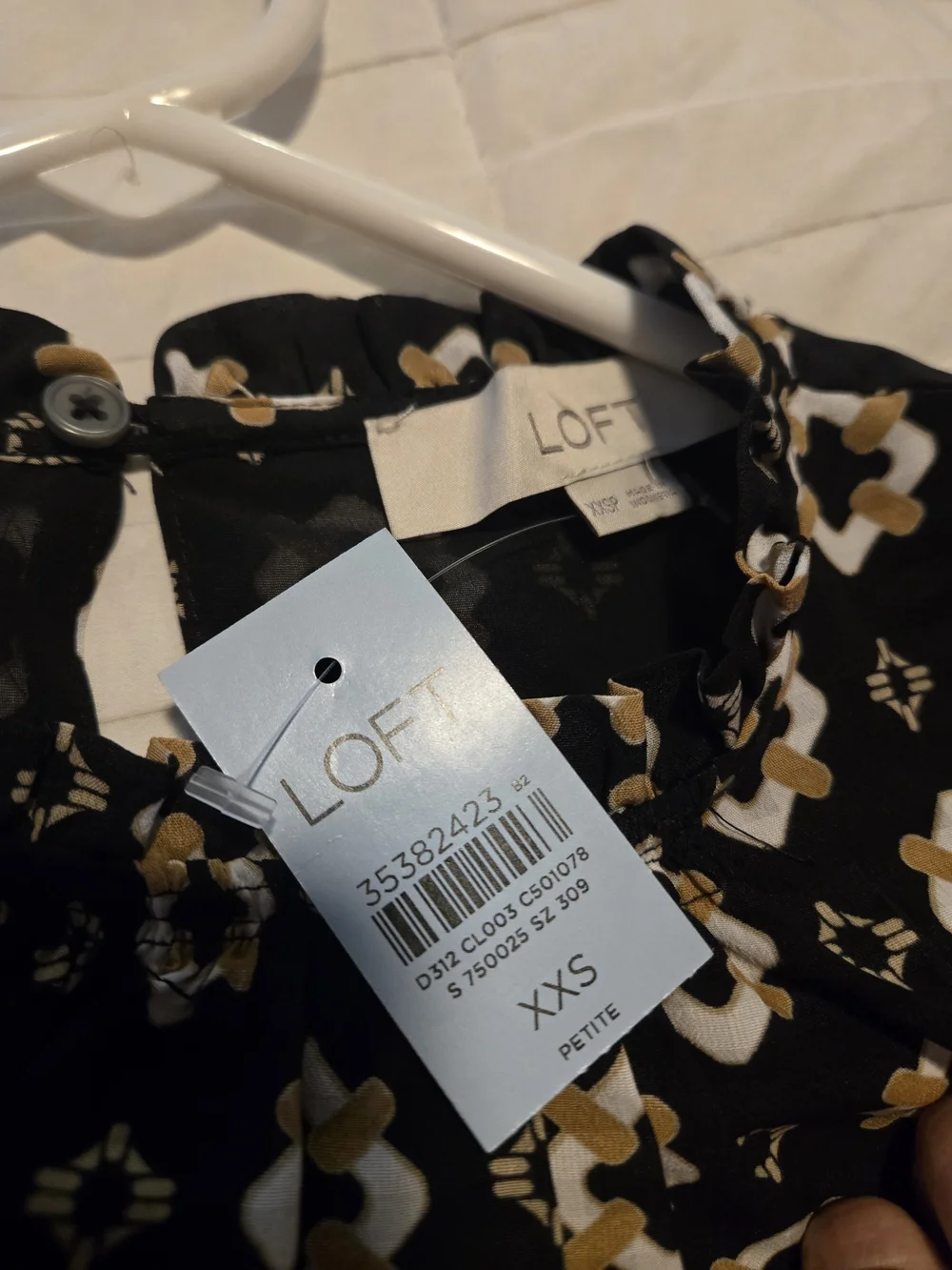 NWT LOFT Black Geo Print Ruffle Neck Blouse Size XXSP